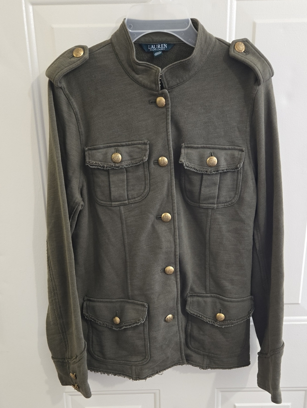 LRL Olive Green French Terry Cargo Utility Fall Jacket Buttons S Military Style